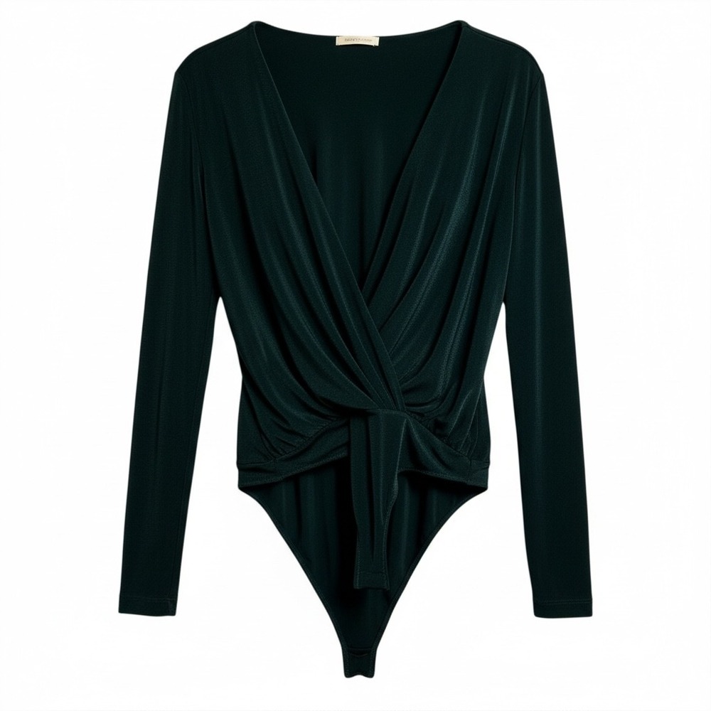 Free People Deep Green Ruched Front Tie Long Sleeve Bodysuit Size‎ Medium